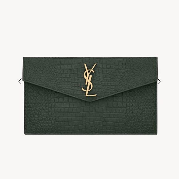 Yves Saint Laurent Handbags - SAINT LAURENT YSL Dark Mint Green Uptown Croc Print Med Envelope Pouch Clutch